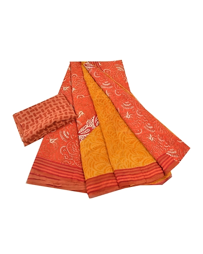 Sanskriti Vintage Yellow Sarees Pure Georgette Silk Fabric Craft Printed Sari, PRG-7587-Orange &amp; Yellow-Printed Work-Pure Georgette Silk-2