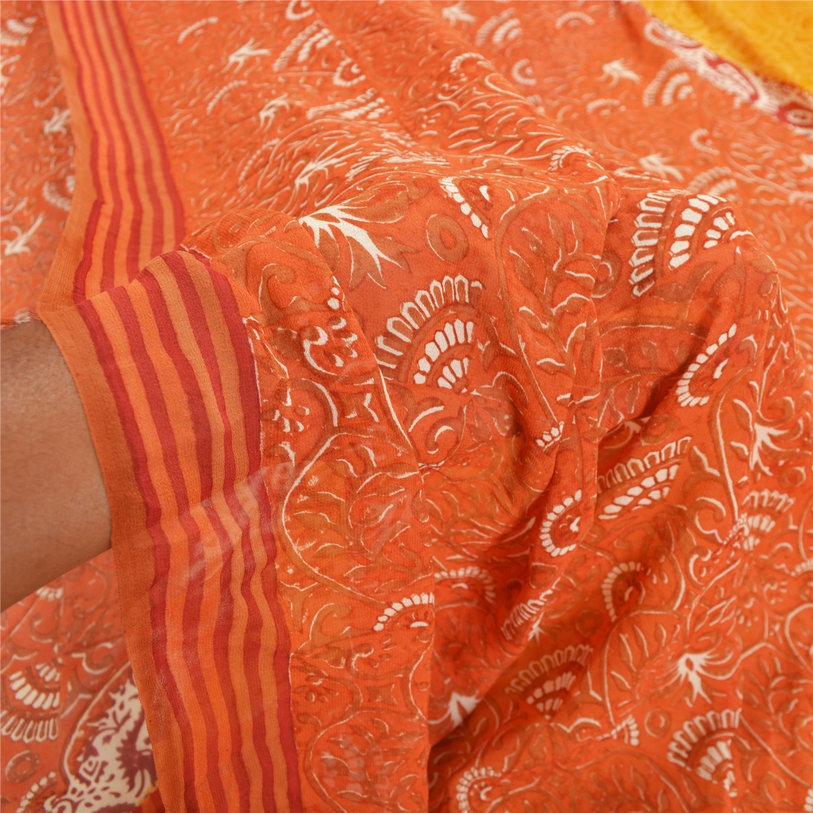 Sanskriti Vintage Yellow Sarees Pure Georgette Silk Fabric Craft Printed Sari, PRG-7587-Orange &amp; Yellow-Printed Work-Pure Georgette Silk-4