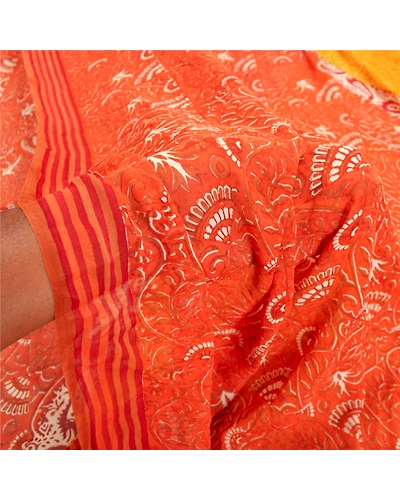 Sanskriti Vintage Yellow Sarees Pure Georgette Silk Fabric Craft Printed Sari, PRG-7587-Orange &amp; Yellow-Printed Work-Pure Georgette Silk-4