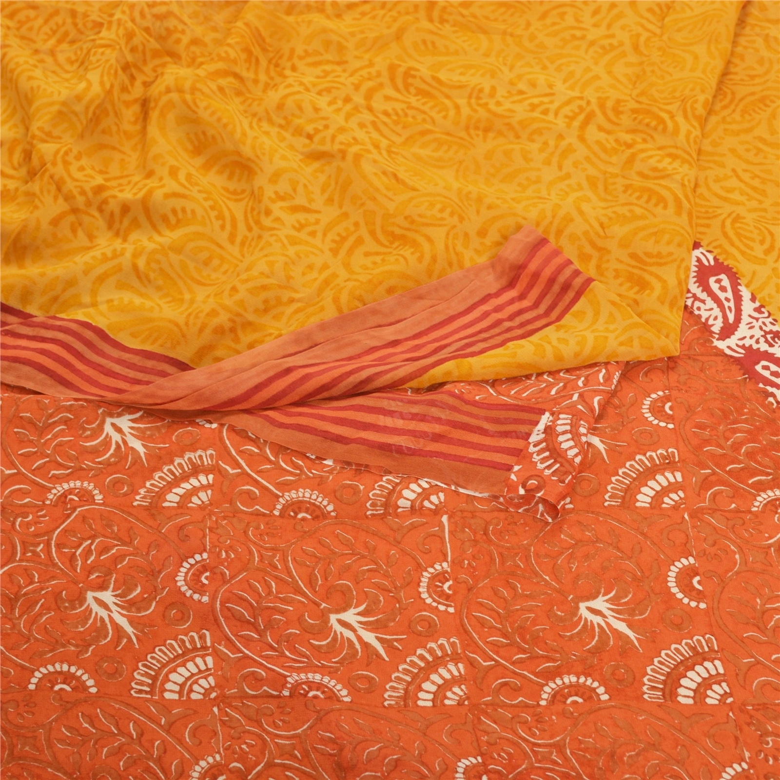 Sanskriti Vintage Yellow Sarees Pure Georgette Silk Fabric Craft Printed Sari, PRG-7587-Orange &amp; Yellow-Printed Work-Pure Georgette Silk-7