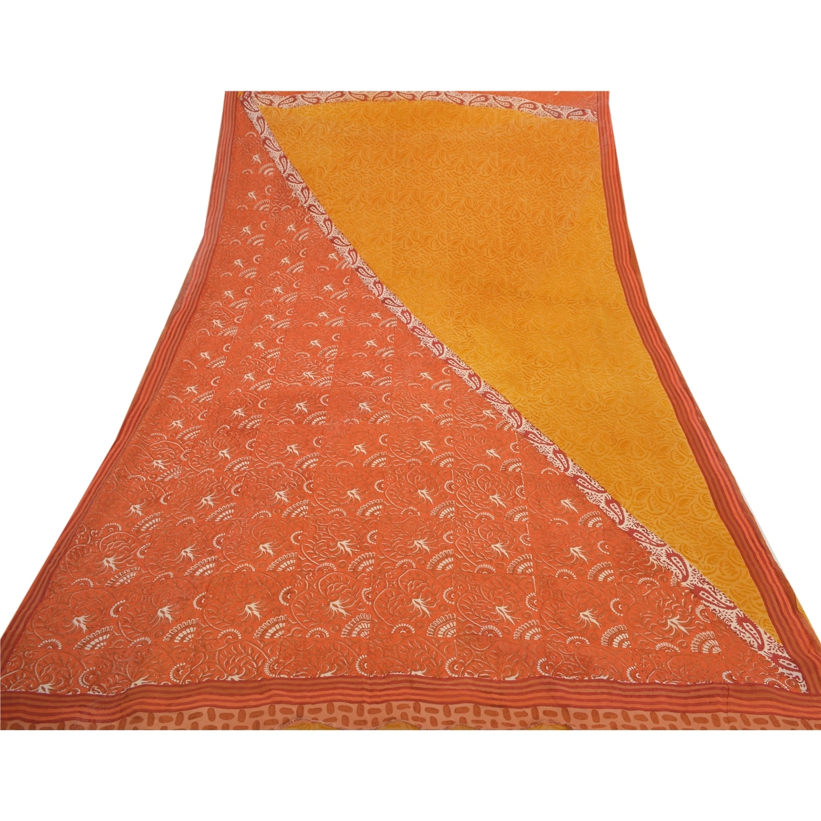 Sanskriti Vintage Yellow Sarees Pure Georgette Silk Fabric Craft Printed Sari, PRG-7587-Orange &amp; Yellow-Printed Work-Pure Georgette Silk-8