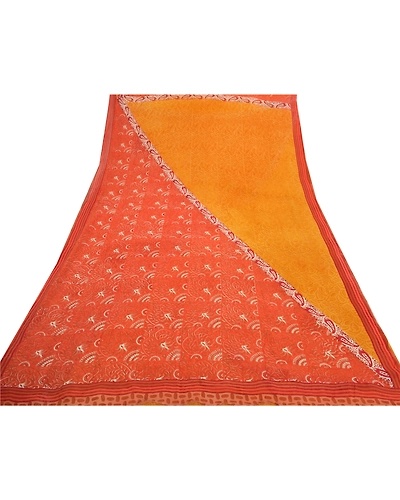 Sanskriti Vintage Yellow Sarees Pure Georgette Silk Fabric Craft Printed Sari, PRG-7587-Orange &amp; Yellow-Printed Work-Pure Georgette Silk-8
