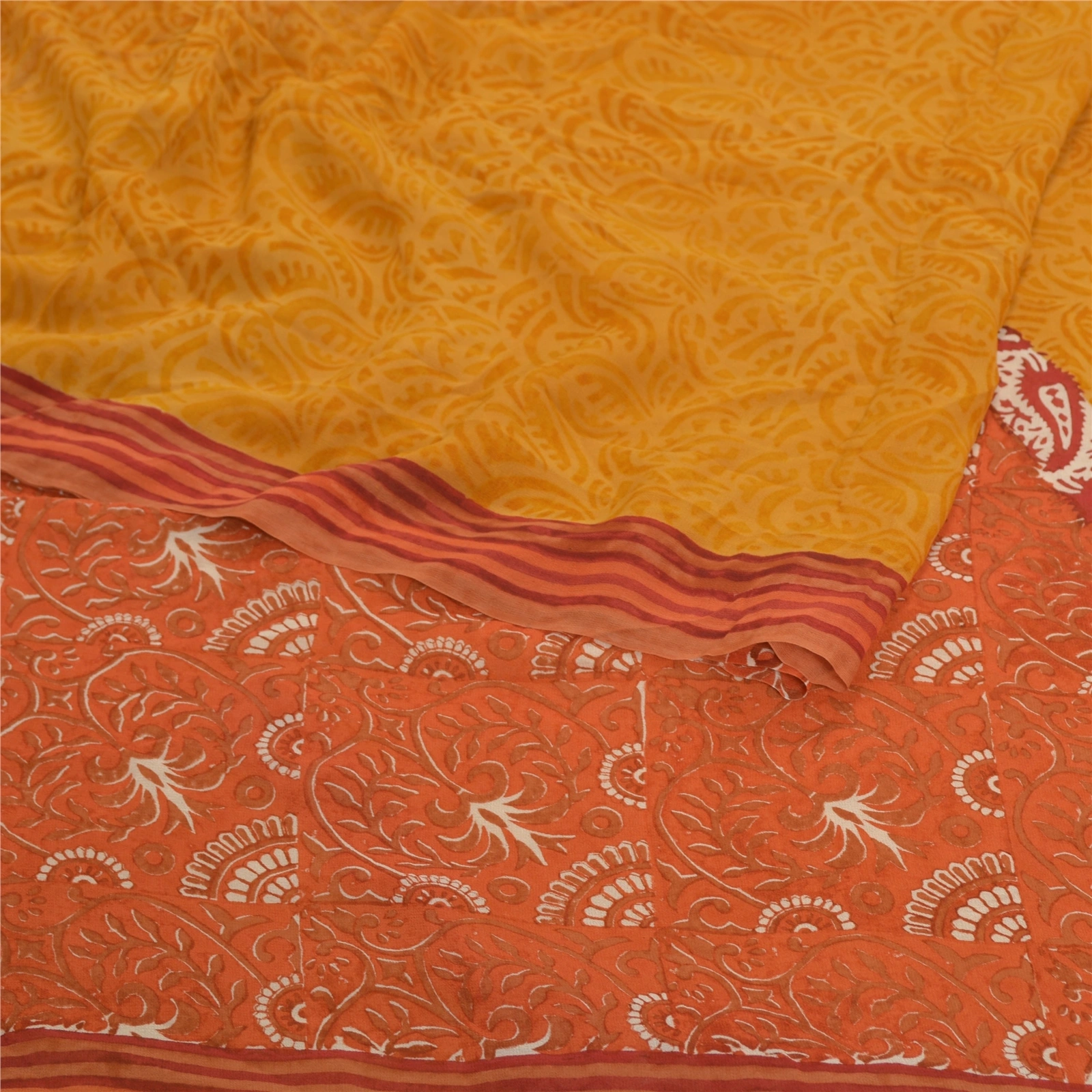 Sanskriti Vintage Yellow Sarees Pure Georgette Silk Fabric Craft Printed Sari, PRG-7587-Orange &amp; Yellow-Printed Work-Pure Georgette Silk-9