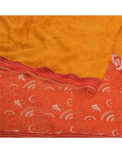 Sanskriti Vintage Yellow Sarees Pure Georgette Silk Fabric Craft Printed Sari, PRG-7587-Orange &amp; Yellow-Printed Work-Pure Georgette Silk-9