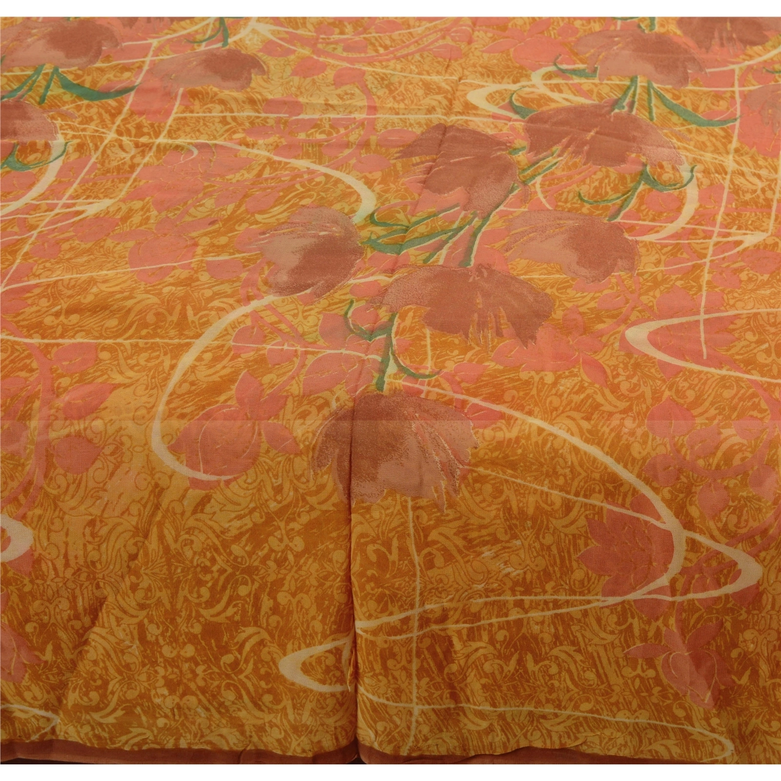 Sanskriti Vintage Yellow Sarees Printed Sari Blend Georgette Sewing 5Yd Fabric, PRG-759-Yellow-Printed Work With Floral &amp; Abstract Design-Blend Georgette-1