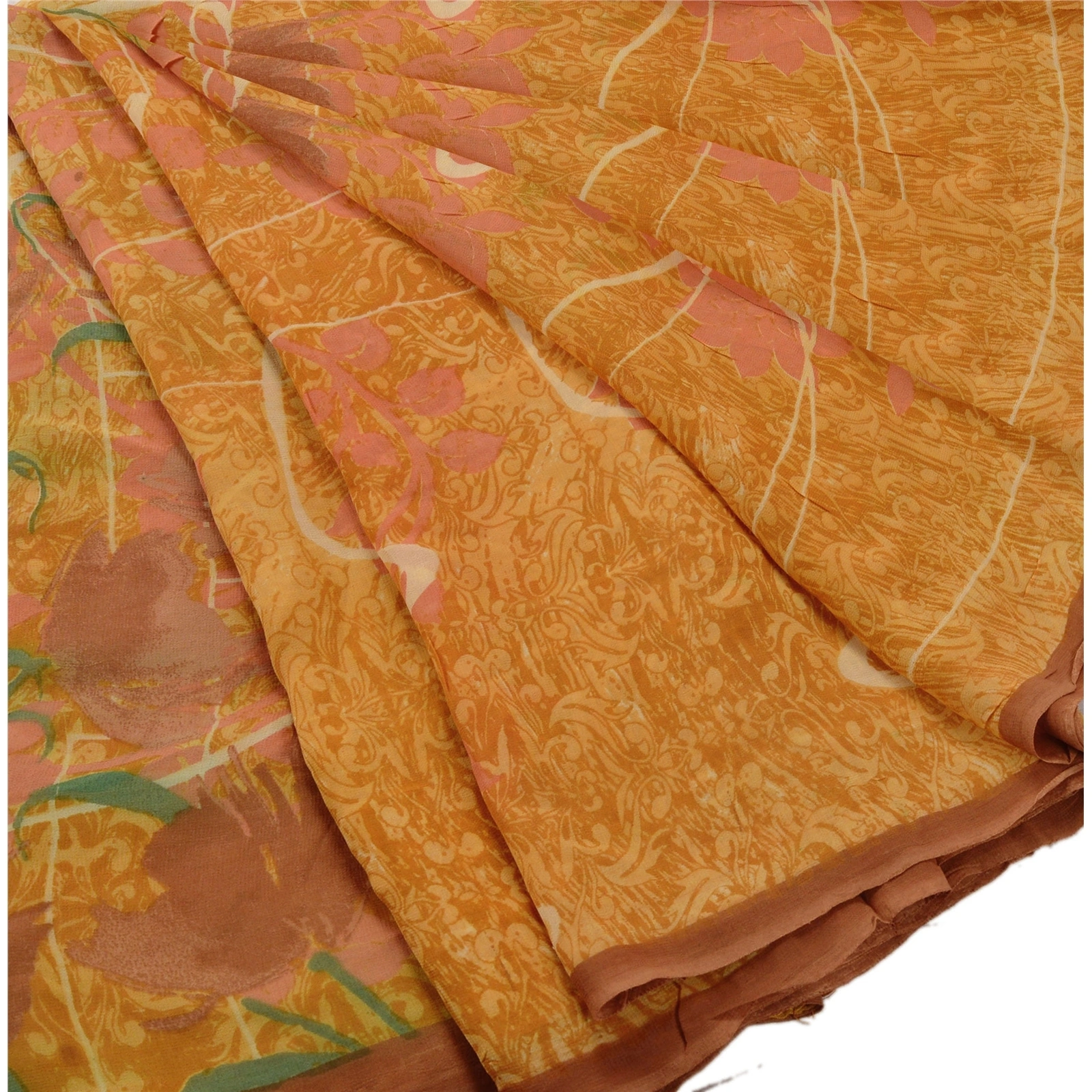 Sanskriti Vintage Yellow Sarees Printed Sari Blend Georgette Sewing 5Yd Fabric, PRG-759-Yellow-Printed Work With Floral &amp; Abstract Design-Blend Georgette-2