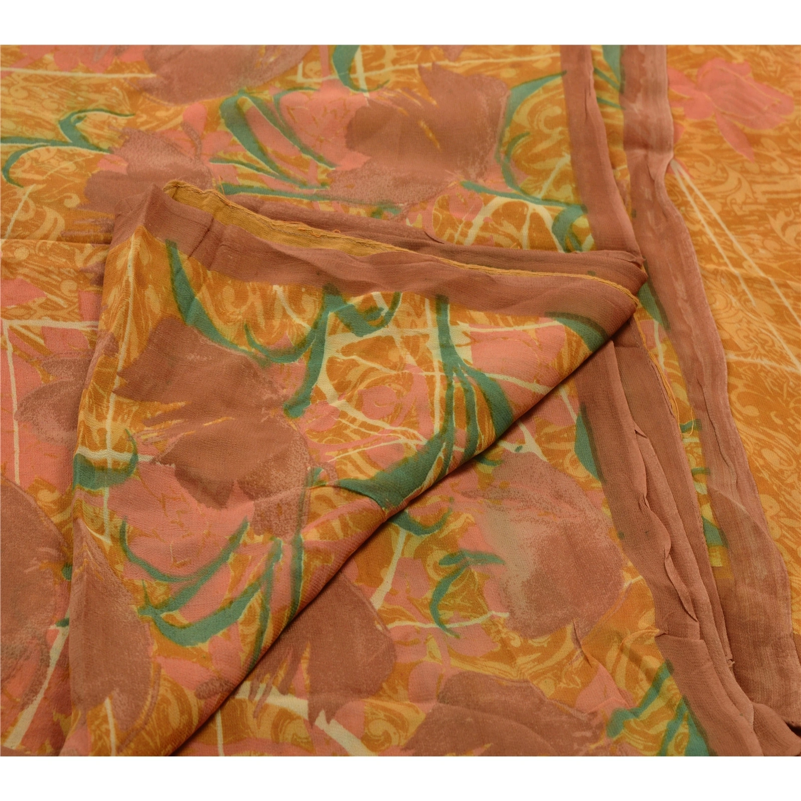 Sanskriti Vintage Yellow Sarees Printed Sari Blend Georgette Sewing 5Yd Fabric, PRG-759-Yellow-Printed Work With Floral &amp; Abstract Design-Blend Georgette-3