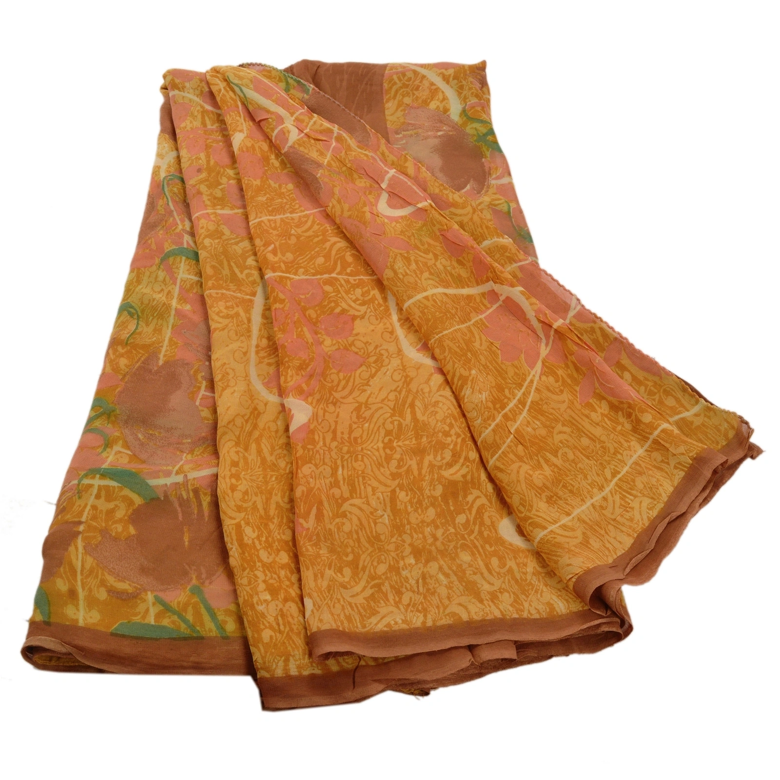 Sanskriti Vintage Yellow Sarees Printed Sari Blend Georgette Sewing 5Yd Fabric, PRG-759-Yellow-Printed Work With Floral &amp; Abstract Design-Blend Georgette-5