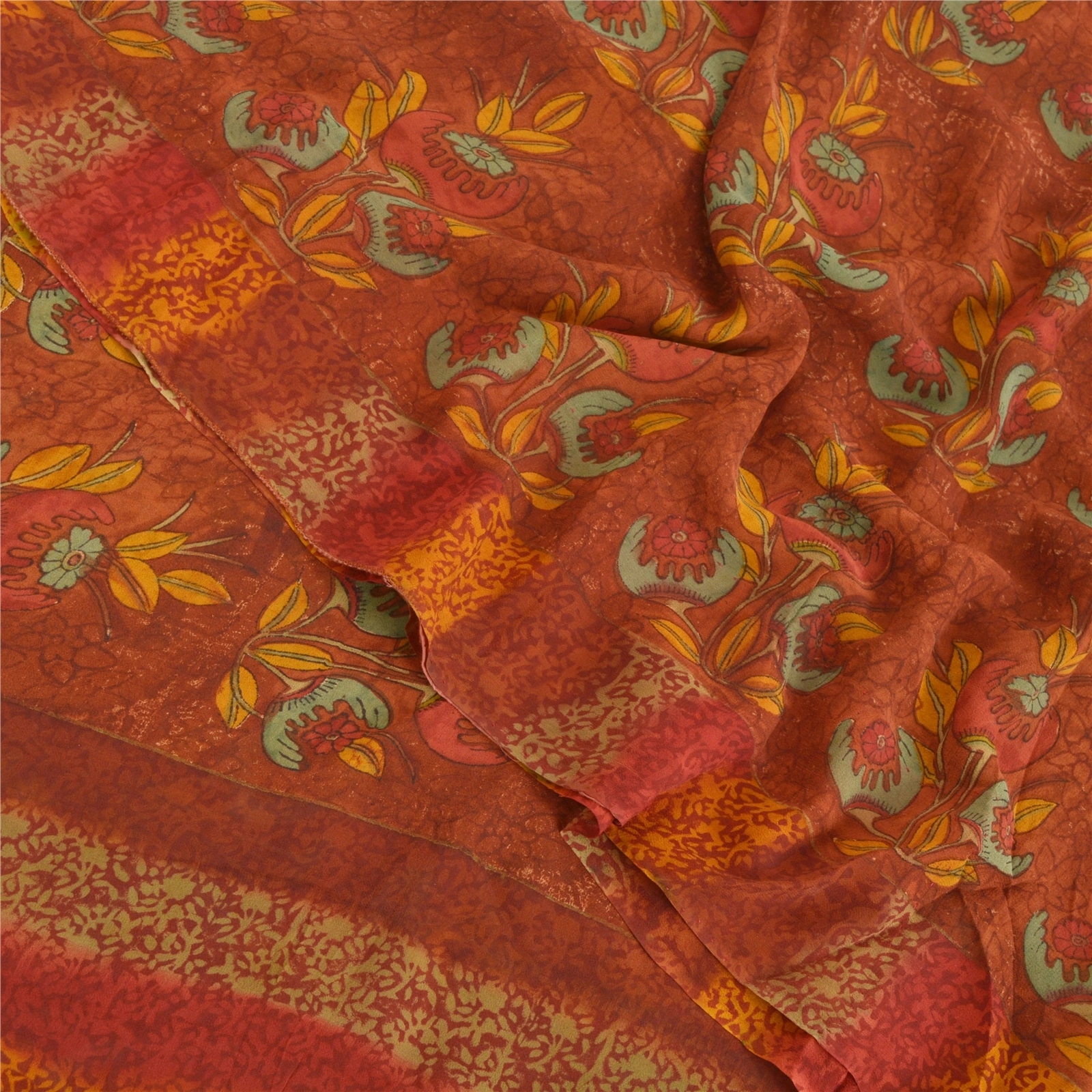 Sanskriti Vintage Sarees Pure Georgette Silk Fabric Craft Printed 5 Yard Sari, PRG-7644-Rusty Orange-Printed Work-Pure Georgette Silk-1