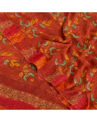 Sanskriti Vintage Sarees Pure Georgette Silk Fabric Craft Printed 5 Yard Sari, PRG-7644-Rusty Orange-Printed Work-Pure Georgette Silk-1