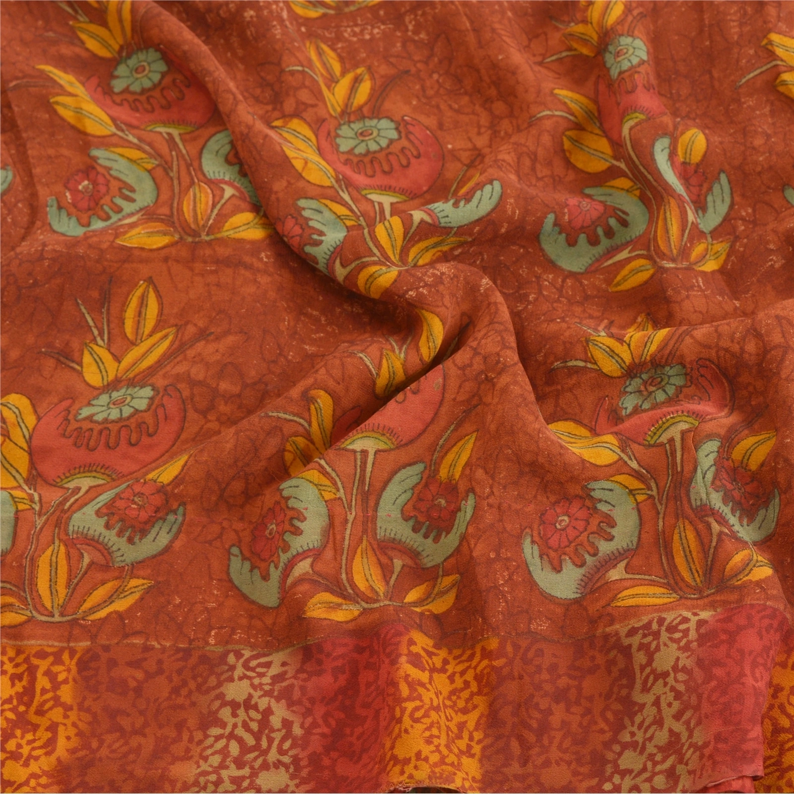 Sanskriti Vintage Sarees Pure Georgette Silk Fabric Craft Printed 5 Yard Sari, PRG-7644-Rusty Orange-Printed Work-Pure Georgette Silk-6