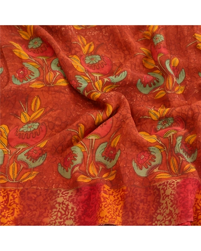 Sanskriti Vintage Sarees Pure Georgette Silk Fabric Craft Printed 5 Yard Sari, PRG-7644-Rusty Orange-Printed Work-Pure Georgette Silk-6