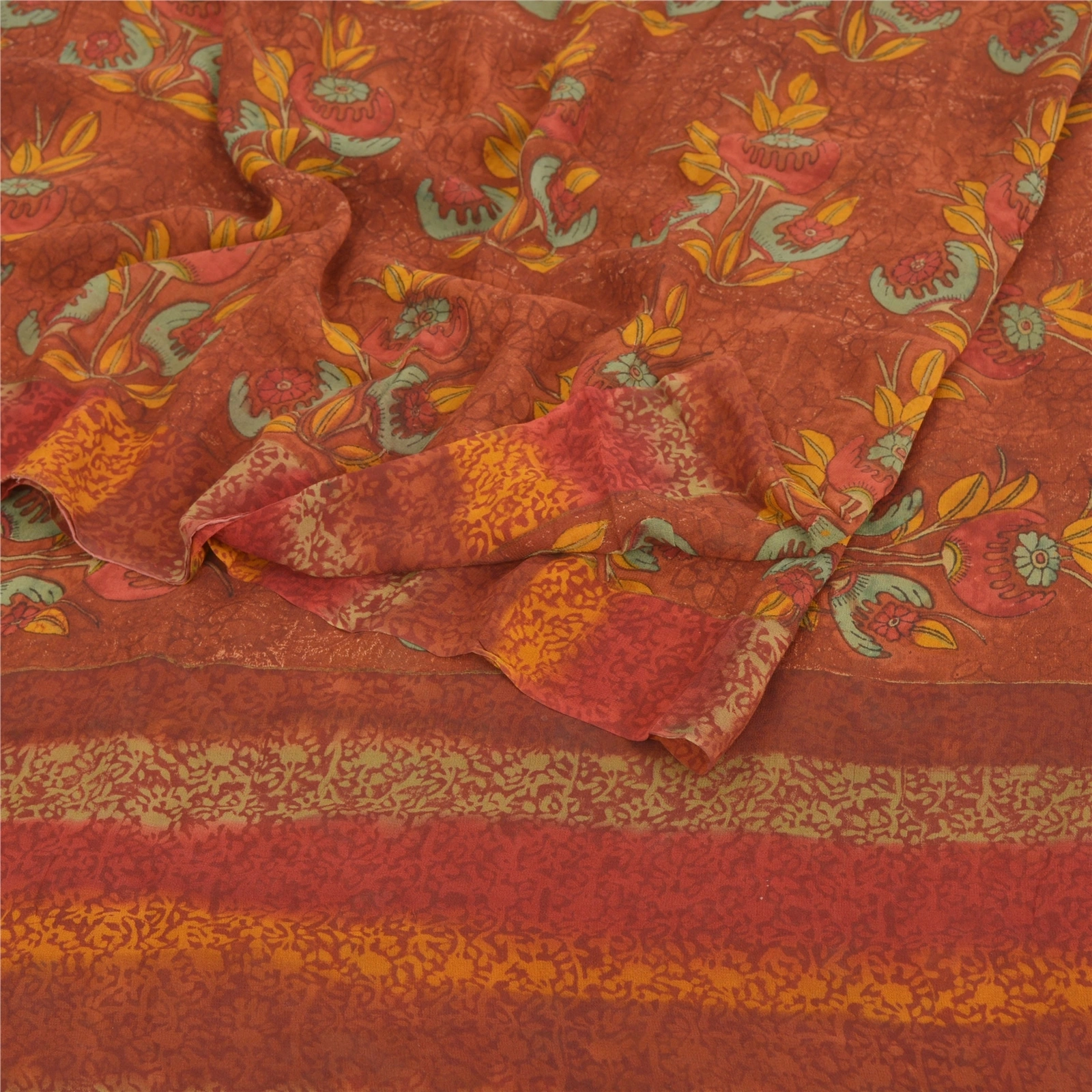 Sanskriti Vintage Sarees Pure Georgette Silk Fabric Craft Printed 5 Yard Sari, PRG-7644-Rusty Orange-Printed Work-Pure Georgette Silk-7