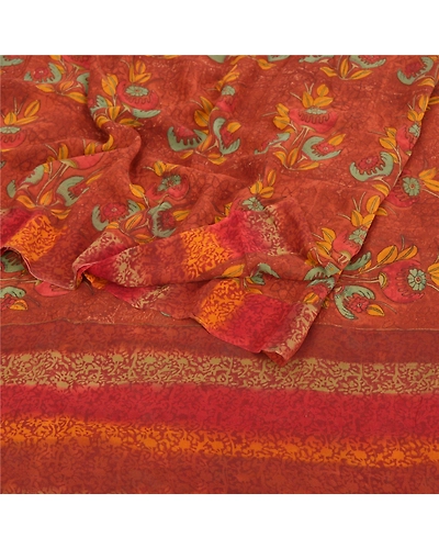 Sanskriti Vintage Sarees Pure Georgette Silk Fabric Craft Printed 5 Yard Sari, PRG-7644-Rusty Orange-Printed Work-Pure Georgette Silk-7