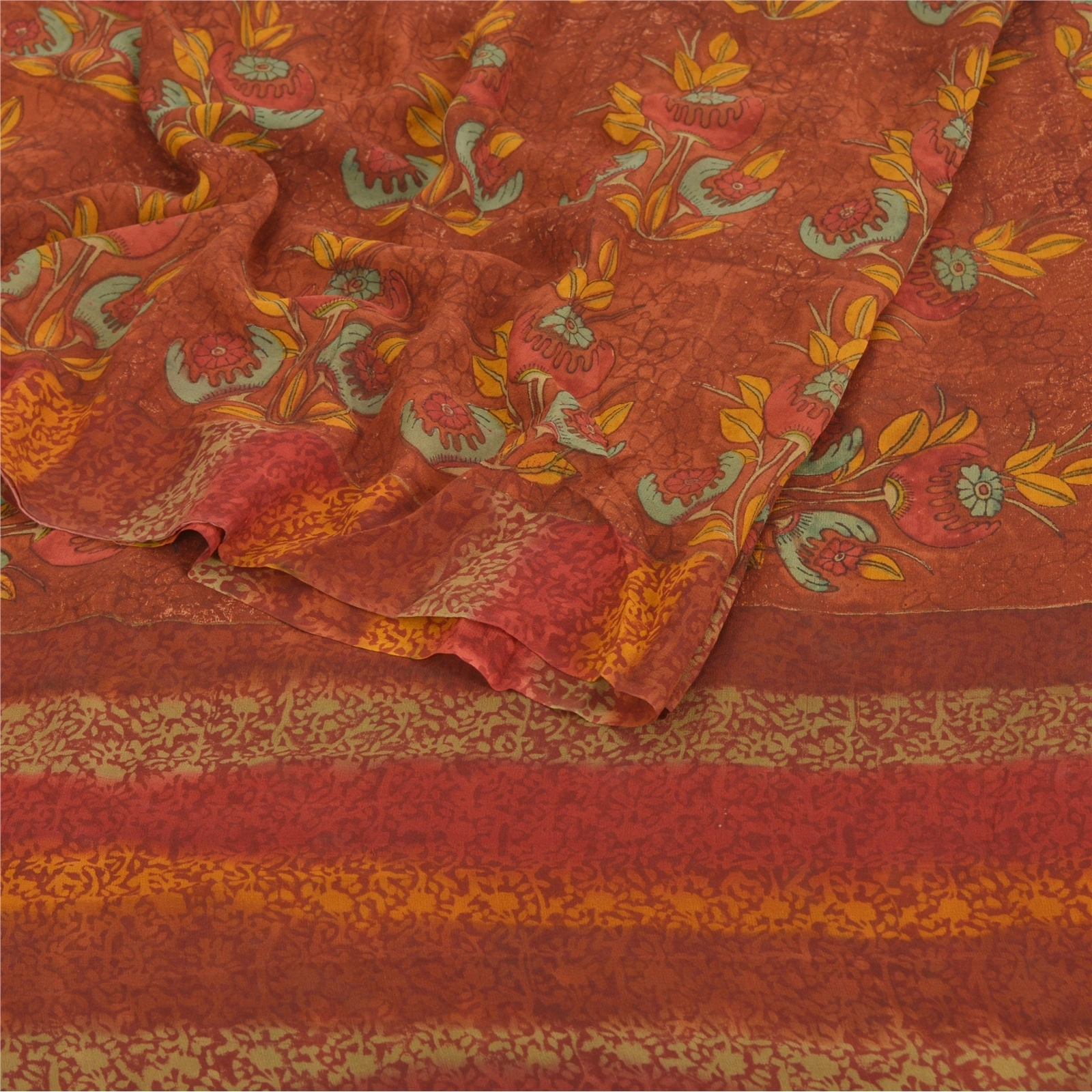 Sanskriti Vintage Sarees Pure Georgette Silk Fabric Craft Printed 5 Yard Sari, PRG-7644-Rusty Orange-Printed Work-Pure Georgette Silk-9