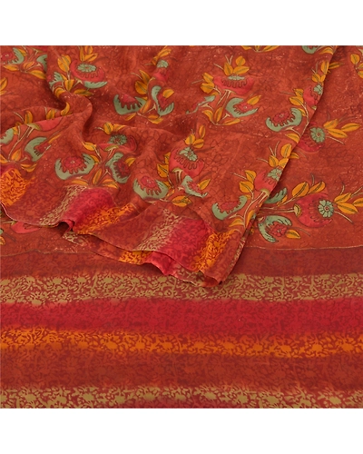 Sanskriti Vintage Sarees Pure Georgette Silk Fabric Craft Printed 5 Yard Sari, PRG-7644-Rusty Orange-Printed Work-Pure Georgette Silk-9