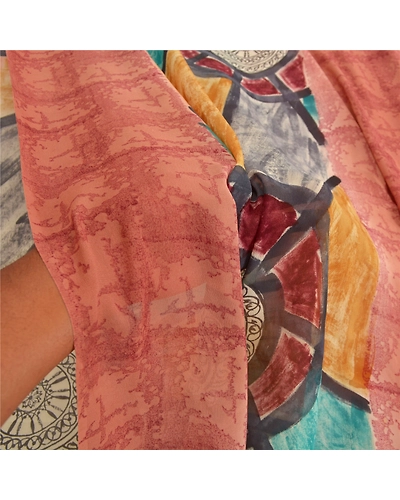 Sanskriti Vintage Indian Sari Pure Georgette Silk Fabric Craft Printed Sarees, PRG-7647-Multi Color-Printed Work-Pure Georgette Silk-4