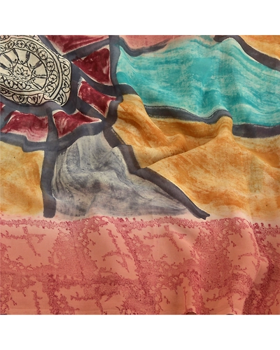 Sanskriti Vintage Indian Sari Pure Georgette Silk Fabric Craft Printed Sarees, PRG-7647-Multi Color-Printed Work-Pure Georgette Silk-6