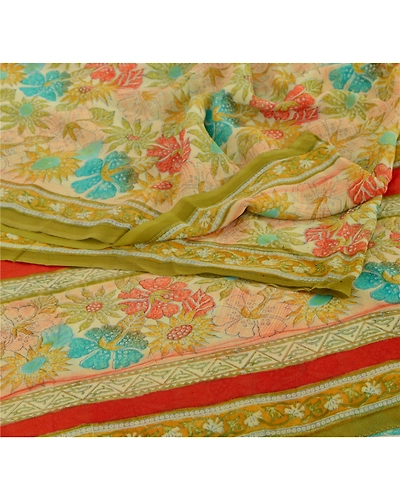 Sanskriti Vintage Cream Sarees Sewing Fabric Pure Georgette Silk Printed Sari, PRG-766-Cream-Printed Work With Floral Design-Pure Georgette Silk-1