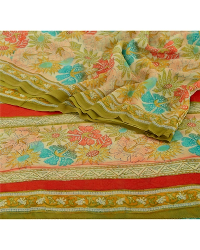 Sanskriti Vintage Cream Sarees Sewing Fabric Pure Georgette Silk Printed Sari, PRG-766-Cream-Printed Work With Floral Design-Pure Georgette Silk-2