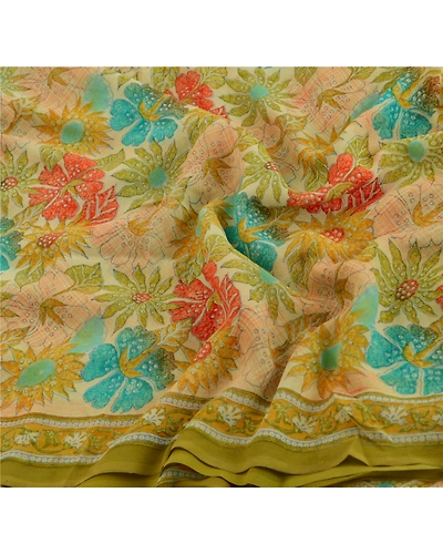 Sanskriti Vintage Cream Sarees Sewing Fabric Pure Georgette Silk Printed Sari, PRG-766-Cream-Printed Work With Floral Design-Pure Georgette Silk-4