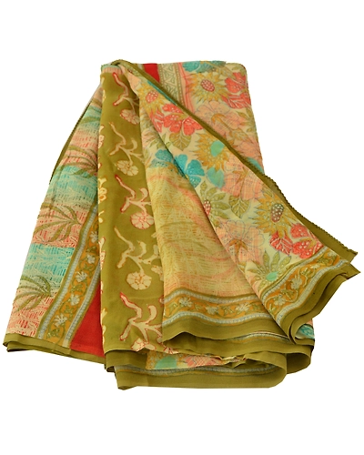 Sanskriti Vintage Cream Sarees Sewing Fabric Pure Georgette Silk Printed Sari, PRG-766-Cream-Printed Work With Floral Design-Pure Georgette Silk-6