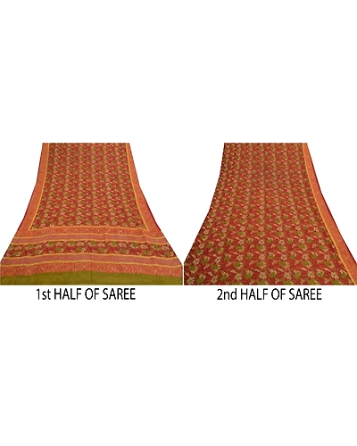 Sanskriti Vintage Red Sarees Pure Georgette Silk Printed Sari 5 Yd Craft Fabric, PRG-7777-Red-Printed Floral Design-Pure Georgette Silk-5