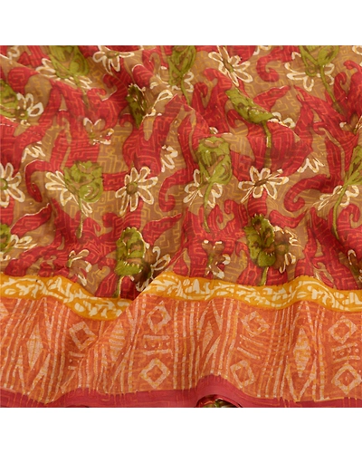 Sanskriti Vintage Red Sarees Pure Georgette Silk Printed Sari 5 Yd Craft Fabric, PRG-7777-Red-Printed Floral Design-Pure Georgette Silk-6