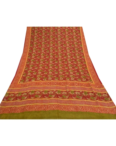 Sanskriti Vintage Red Sarees Pure Georgette Silk Printed Sari 5 Yd Craft Fabric, PRG-7777-Red-Printed Floral Design-Pure Georgette Silk-8