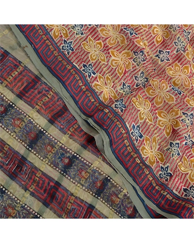 Sanskriti Vintage Red Sarees Pure Chiffon Silk Printed Sari 5 Yd Craft Fabric, PRG-7850-Red-Printed Floral Design-Pure Chiffon Silk-1