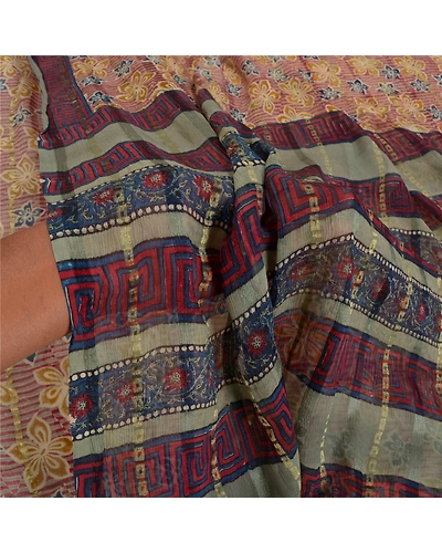 Sanskriti Vintage Red Sarees Pure Chiffon Silk Printed Sari 5 Yd Craft Fabric, PRG-7850-Red-Printed Floral Design-Pure Chiffon Silk-4