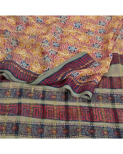 Sanskriti Vintage Red Sarees Pure Chiffon Silk Printed Sari 5 Yd Craft Fabric, PRG-7850-Red-Printed Floral Design-Pure Chiffon Silk-7