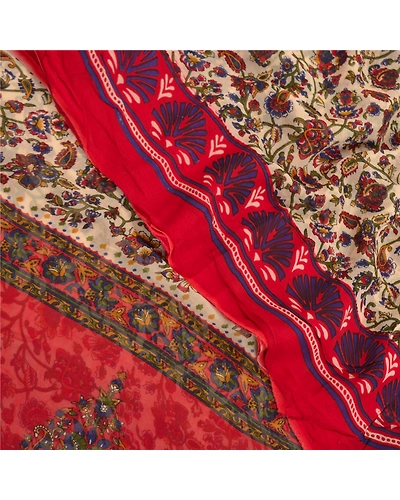 Sanskriti Vintage Red Saree Blend Georgette Printed Sari 5 Yard Craft Fabric, PRG-7882-Cream-Printed Floral Design-Blend Georgette-1