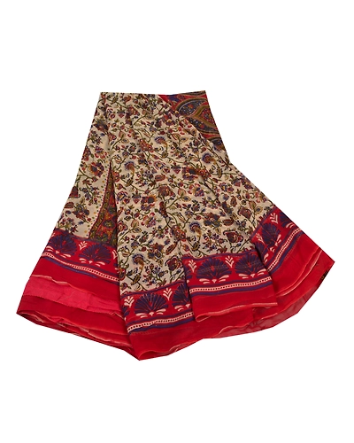 Sanskriti Vintage Red Saree Blend Georgette Printed Sari 5 Yard Craft Fabric, PRG-7882-Cream-Printed Floral Design-Blend Georgette-2