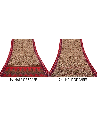 Sanskriti Vintage Red Saree Blend Georgette Printed Sari 5 Yard Craft Fabric, PRG-7882-Cream-Printed Floral Design-Blend Georgette-3
