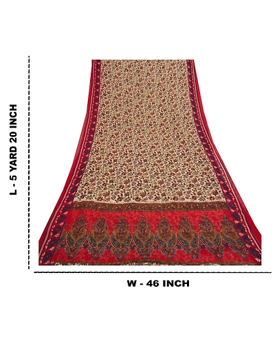 Sanskriti Vintage Red Saree Blend Georgette Printed Sari 5 Yard Craft Fabric, PRG-7882-Cream-Printed Floral Design-Blend Georgette-4