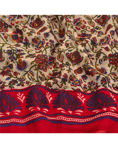 Sanskriti Vintage Red Saree Blend Georgette Printed Sari 5 Yard Craft Fabric, PRG-7882-Cream-Printed Floral Design-Blend Georgette-6
