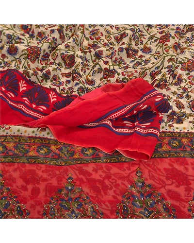 Sanskriti Vintage Red Saree Blend Georgette Printed Sari 5 Yard Craft Fabric, PRG-7882-Cream-Printed Floral Design-Blend Georgette-7