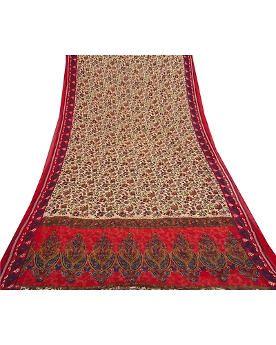 Sanskriti Vintage Red Saree Blend Georgette Printed Sari 5 Yard Craft Fabric, PRG-7882-Cream-Printed Floral Design-Blend Georgette-8