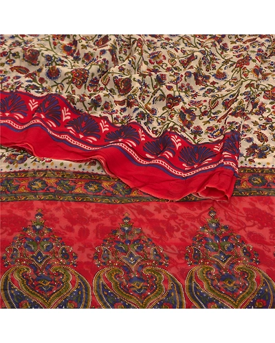 Sanskriti Vintage Red Saree Blend Georgette Printed Sari 5 Yard Craft Fabric, PRG-7882-Cream-Printed Floral Design-Blend Georgette-9