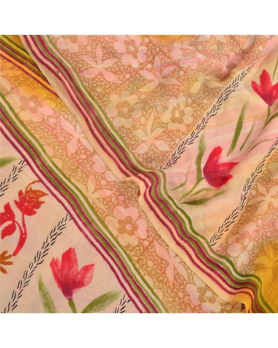Sanskriti Vintage Yellow Sarees Pure Georgette Silk Printed Sari Craft Fabric, PRG-7920-Yellow-Printed Floral Design-Pure Georgette Silk-1