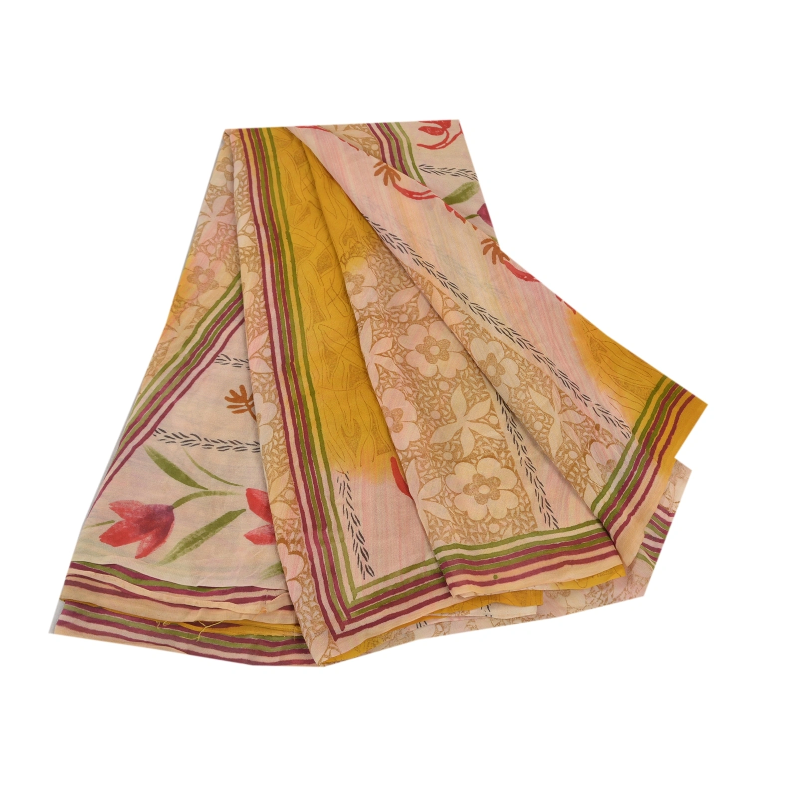 Sanskriti Vintage Yellow Sarees Pure Georgette Silk Printed Sari Craft Fabric, PRG-7920-Yellow-Printed Floral Design-Pure Georgette Silk-2