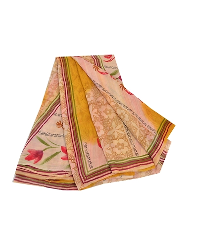 Sanskriti Vintage Yellow Sarees Pure Georgette Silk Printed Sari Craft Fabric, PRG-7920-Yellow-Printed Floral Design-Pure Georgette Silk-2