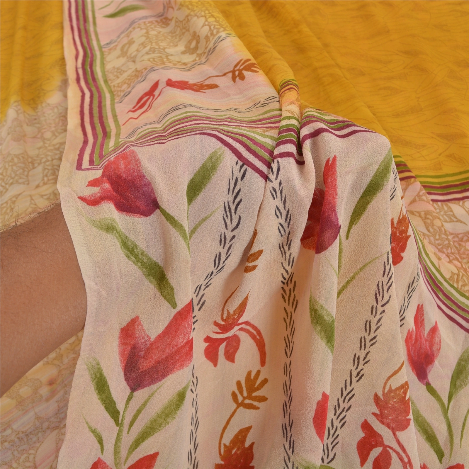 Sanskriti Vintage Yellow Sarees Pure Georgette Silk Printed Sari Craft Fabric, PRG-7920-Yellow-Printed Floral Design-Pure Georgette Silk-4