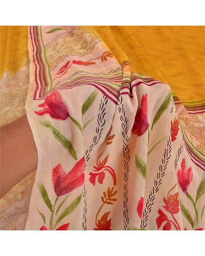 Sanskriti Vintage Yellow Sarees Pure Georgette Silk Printed Sari Craft Fabric, PRG-7920-Yellow-Printed Floral Design-Pure Georgette Silk-4