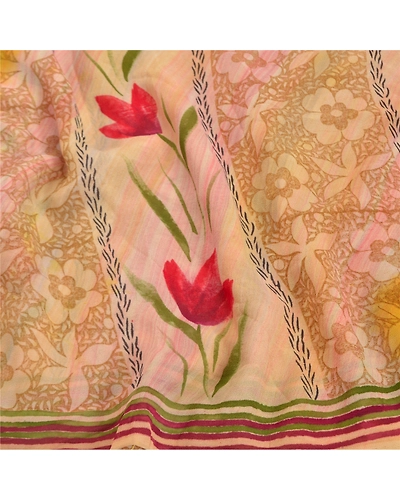 Sanskriti Vintage Yellow Sarees Pure Georgette Silk Printed Sari Craft Fabric, PRG-7920-Yellow-Printed Floral Design-Pure Georgette Silk-6