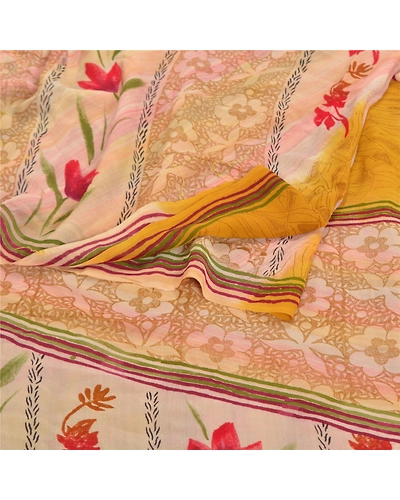 Sanskriti Vintage Yellow Sarees Pure Georgette Silk Printed Sari Craft Fabric, PRG-7920-Yellow-Printed Floral Design-Pure Georgette Silk-7