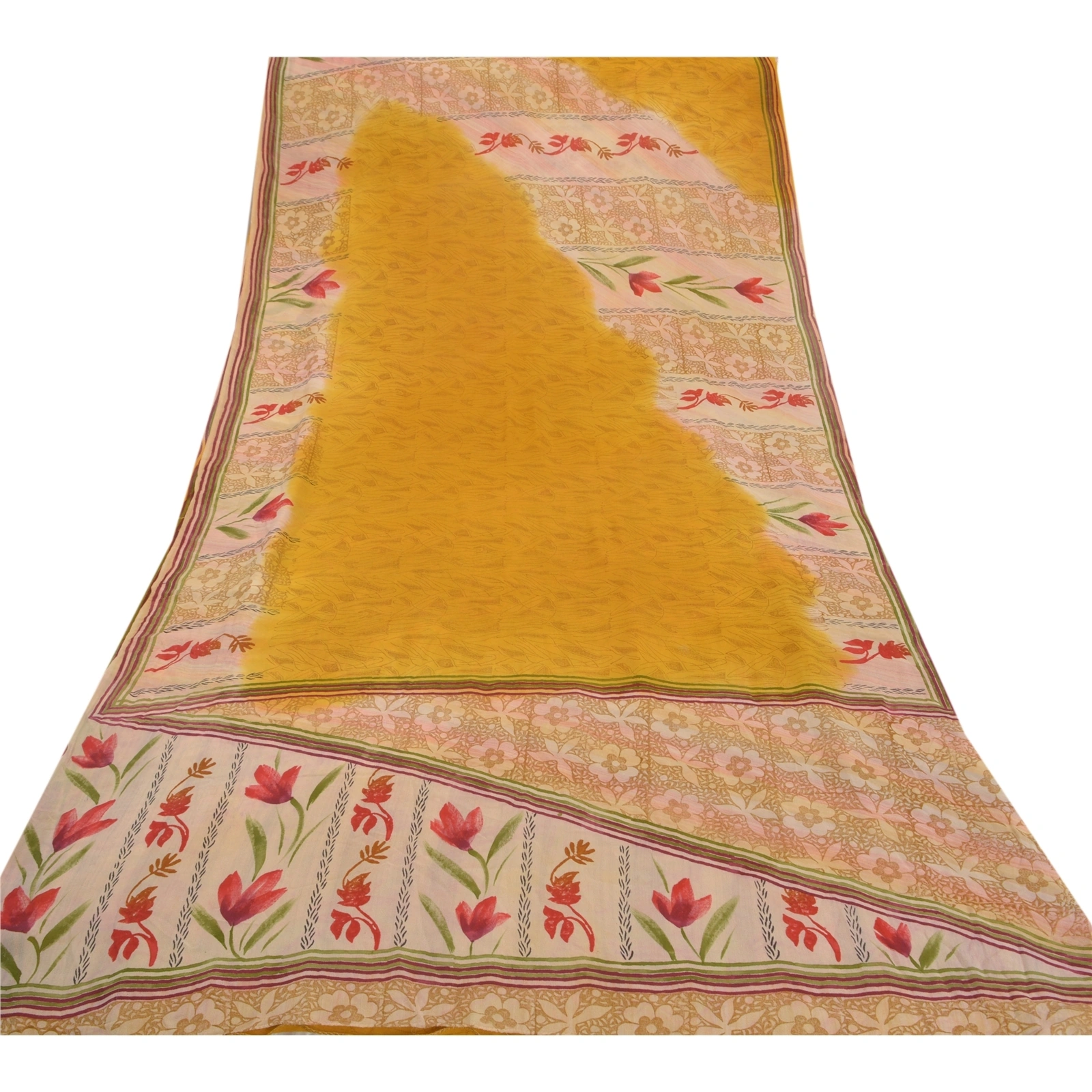 Sanskriti Vintage Yellow Sarees Pure Georgette Silk Printed Sari Craft Fabric, PRG-7920-Yellow-Printed Floral Design-Pure Georgette Silk-8