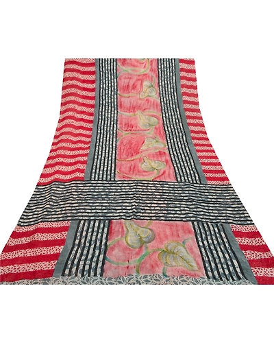 Sanskriti Vintage Red Indian Saree Blend Georgette Printed Sari Craft Fabric, PRG-7937-Red-Printed Floral Design-Blend Georgette-8