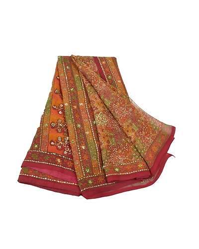 Sanskriti Vintage Red Sarees Georgette Printed Hand Embroidered Sari Fabric, PRG-7950-Red-Printed Floral Design-Georgette-2